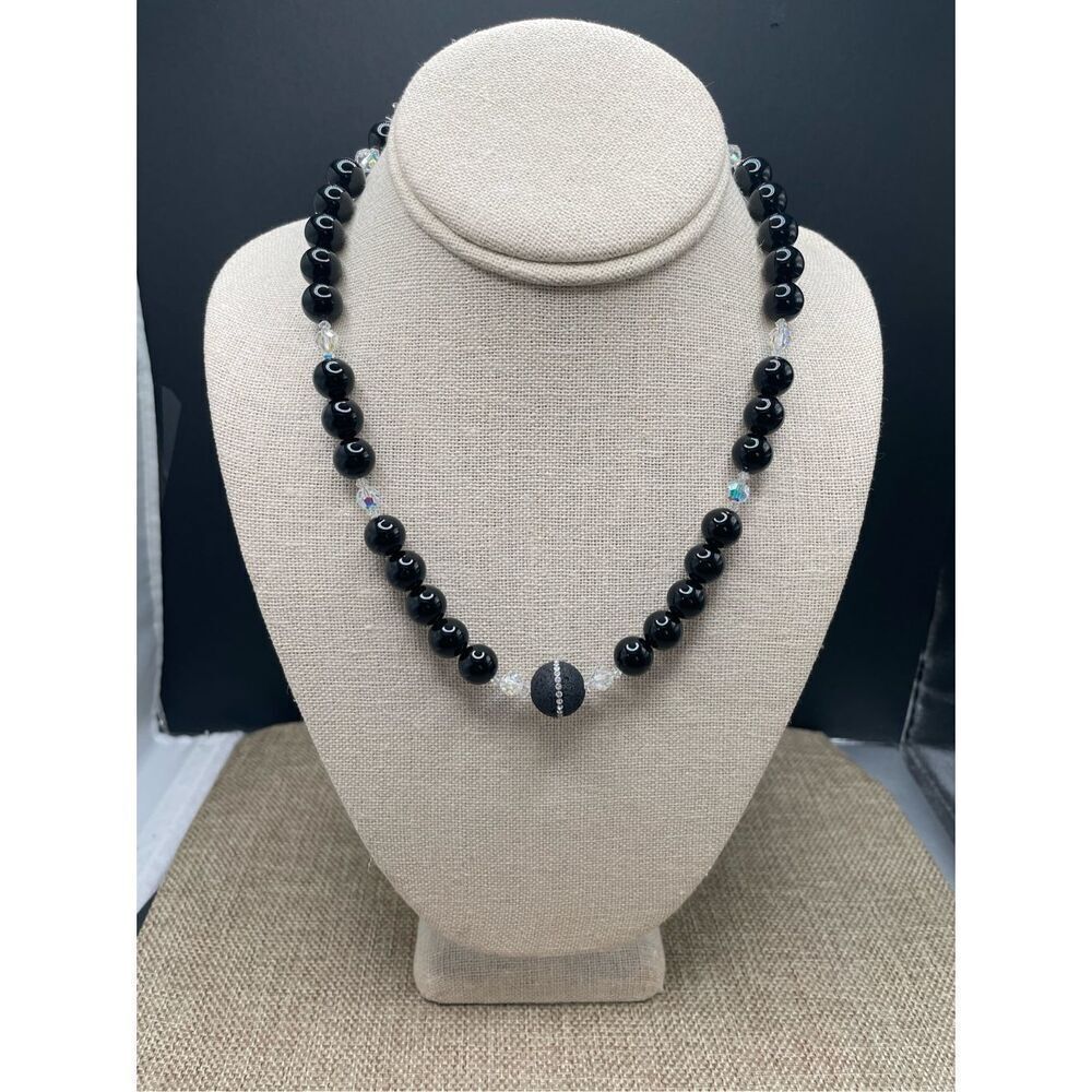 Vintage Tourmaline Black Beaded Choker Necklace with Silver Ball Push Clasp